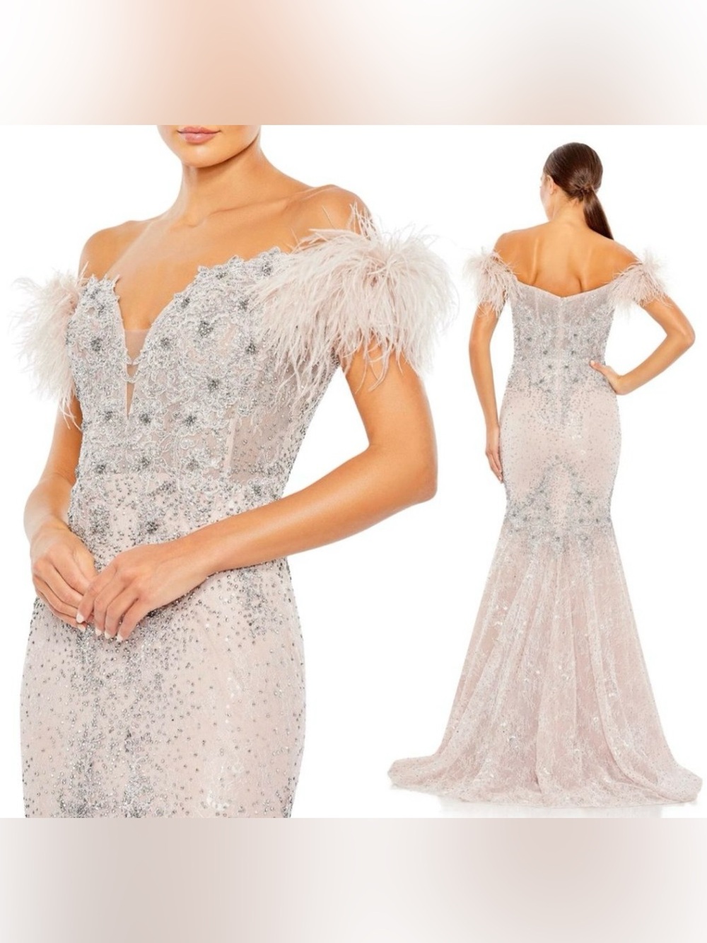 Mac Duggal Blush Pink Feather Off-Shoulder Sequin Gown 20246 Size 4